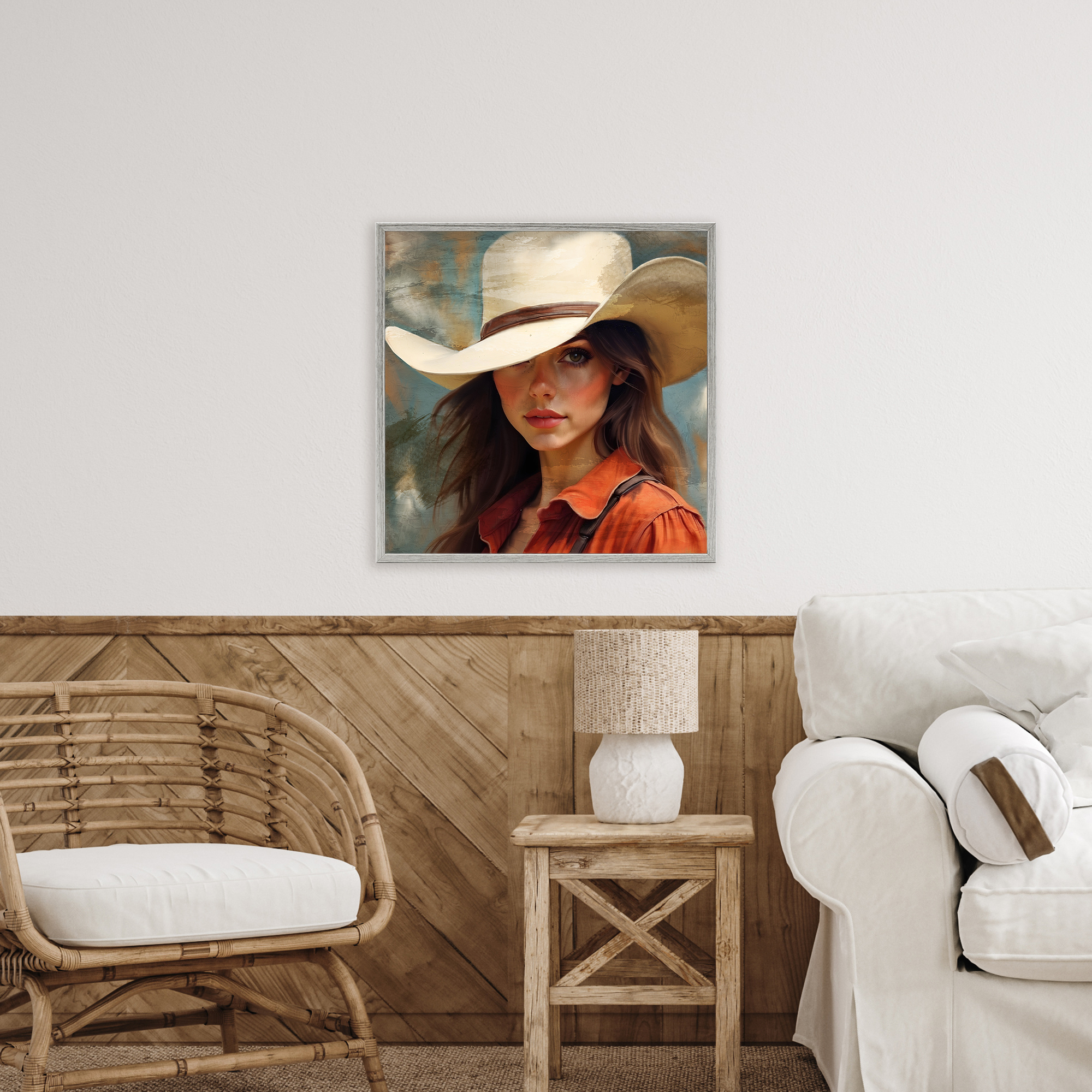 Cowgirl Gaze Beneath Hat Gray Framed Giclee Art, design by Kim Allen
