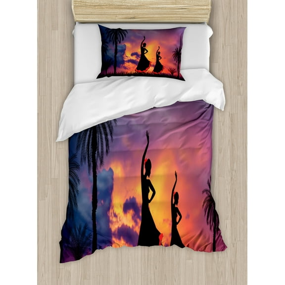 Spanish Duvet Cover Set Twin Size, Silhouette of Two Girls Dancing Flamenco with Dramatic Cloudy Sunset Sky Background, Decorative 2 Piece Bedding Set with 1 Pillow Sham, Multicolor, by Ambesonne