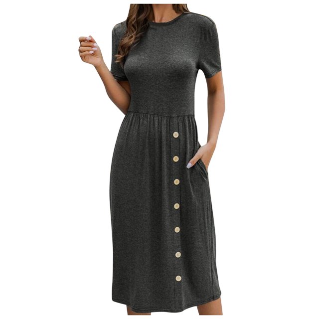 B91xZ Robes pour Femmes Manches Courtes Col en V Ceinture Taille Haute Basse Robe Cocktail Unie, Gris TG
