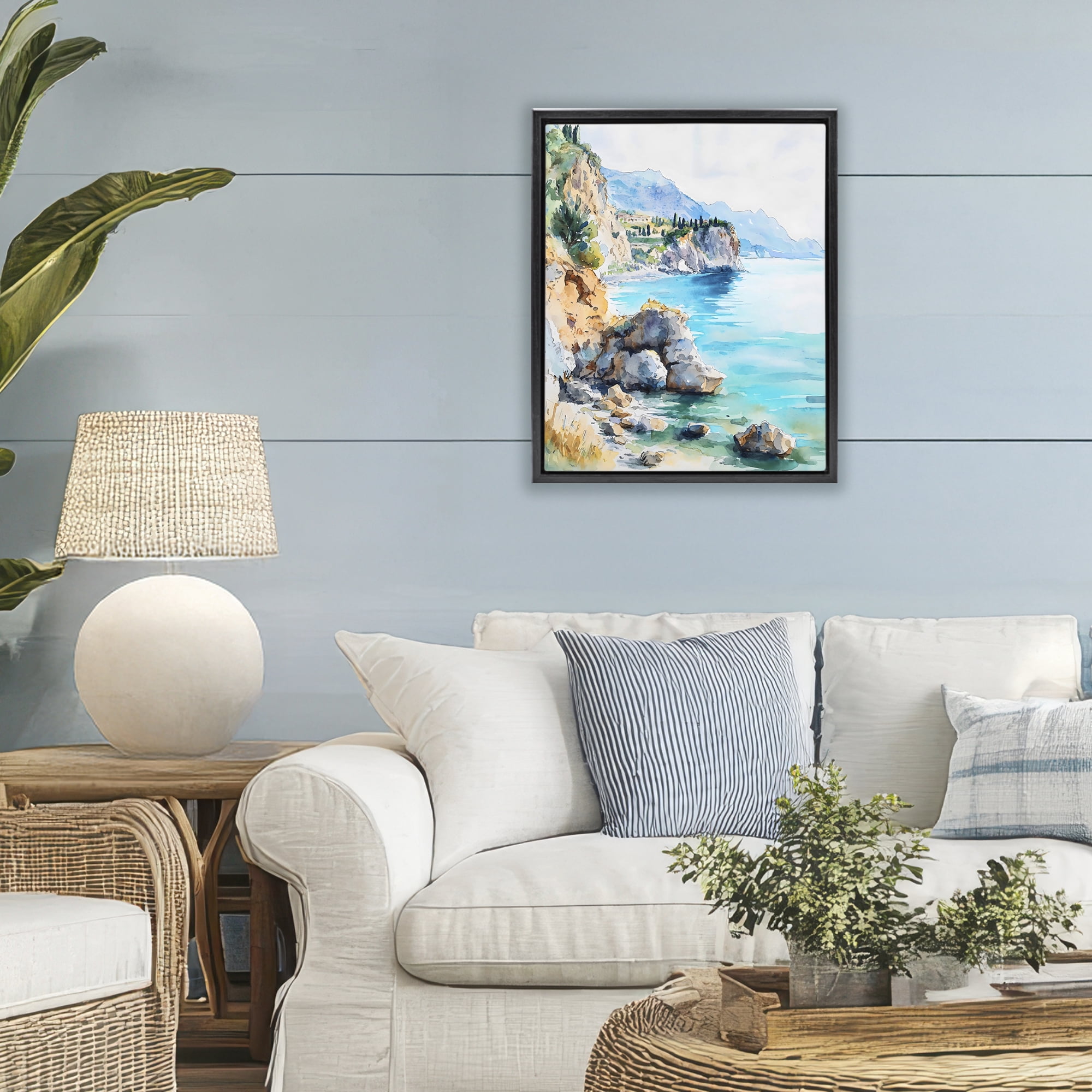 Stupell Industries Azure Italian Coastline Black Framed Floater Canvas Wall Art, design by LSR Design Studio