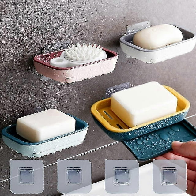 Soap Dish with Drain, 4 Pieces Soap Dish, Keep Soap Dry, Suitable for Kitchen, Bathroom and Shower Room. Wall Mounted Soap Tray - No Nails No Drilling