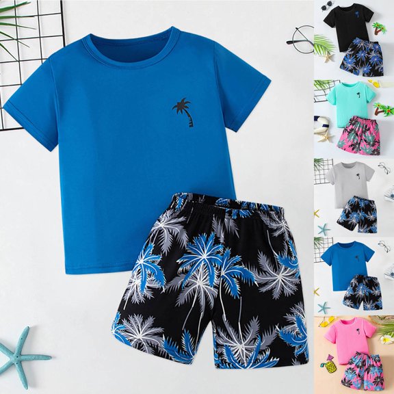 Boy's 2 Piece Set Tropical Print Short Sleeve Crewneck T Shirt and Shorts Set Vacation Outfits