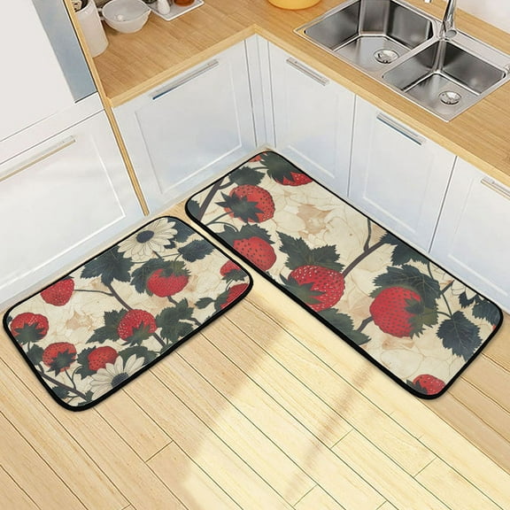 Strawberry Daisy Floral Retro Kitchen Rugs Set Non Slip Mats Runner for Dining Room