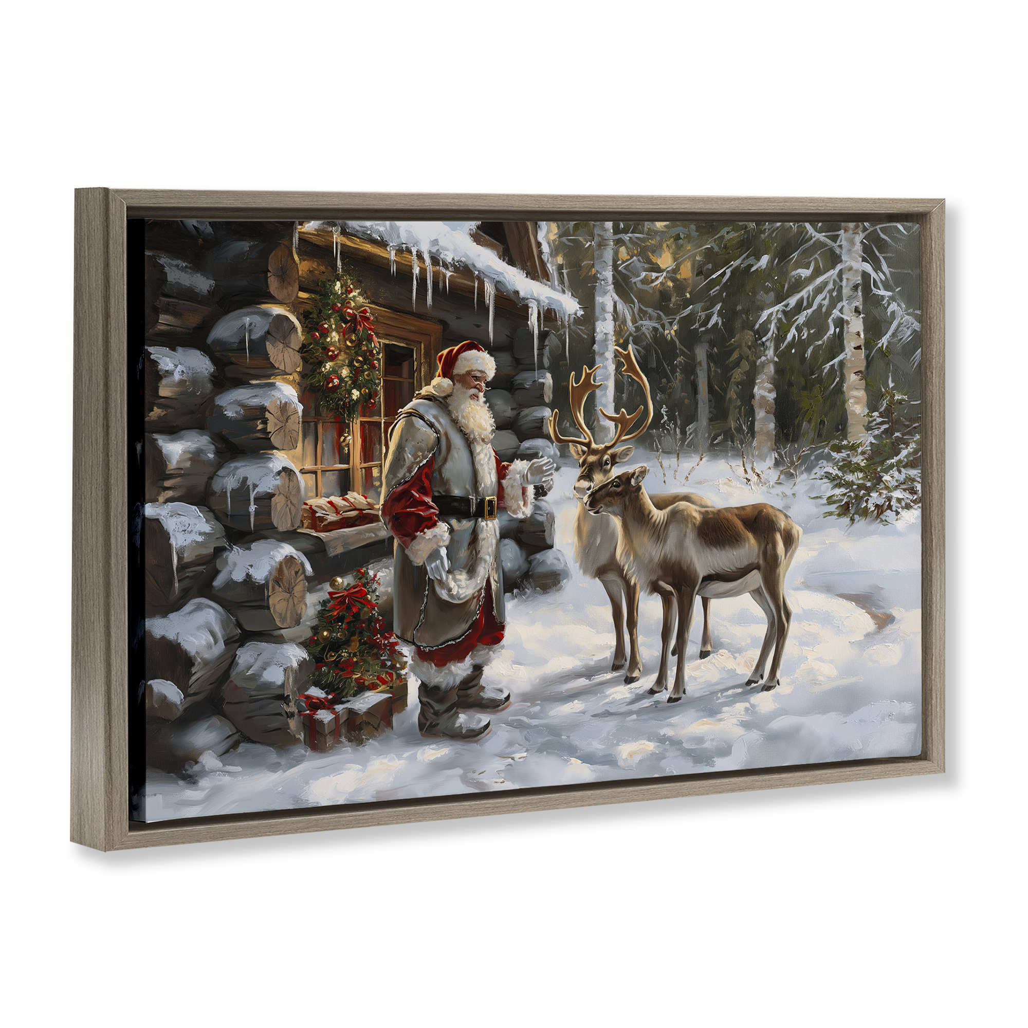 Stupell Industries Santa's Cabin with Reindeer Holiday Painting Brown Floater Framed Canvas Art Prints Wall Art, 31 x 21