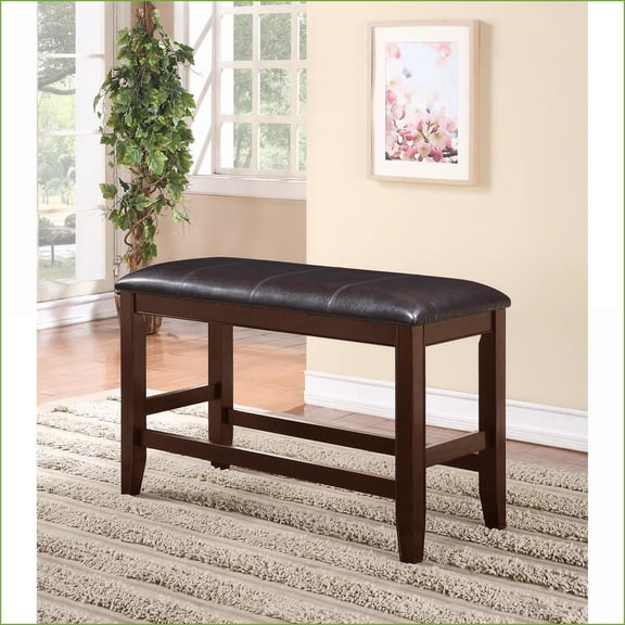 Counter Height Bench, Farmhouse Dark Brown Wood with Faux Leather Seat & Footrest for Dining | Espresso | Faux Leather