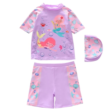 YDFCWXW Rash Guard for Girls Swimwear 2-Piece Swimsuit with Swim Cap for Beach & Pool (Purple 2-3 Years)