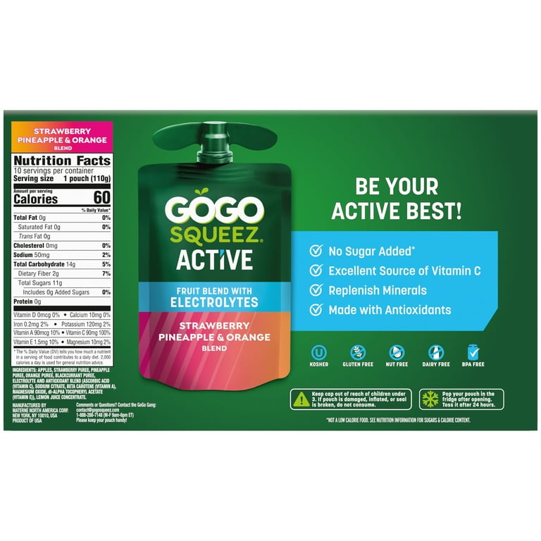 GoGo squeeZ Active Electrolyte No Sugar Added Strawberry Pineapple
