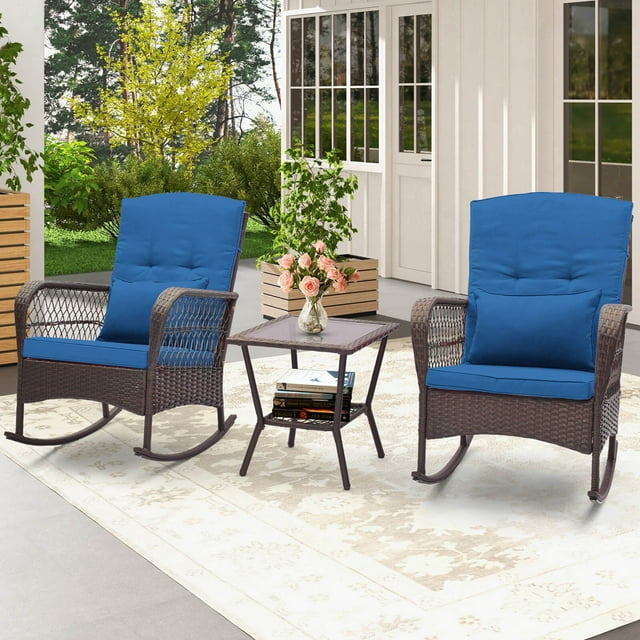 Costway 3 PCS Patio Rocker Set Outdoor Wicker Rocking Chairs with Double-Layer Coffee Table Navy