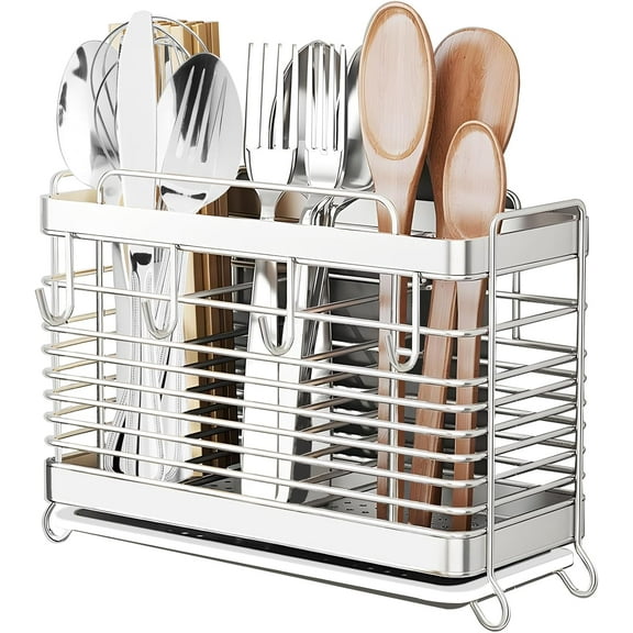 Carestrong 3 Compartment Utensil Holder, Stainless Steel Utensil Drying Rack with Drain Tray, Kitchen Counter Drainer Basket Silverware Cutlery Flatware Holder Forks, Knives, Spoons.