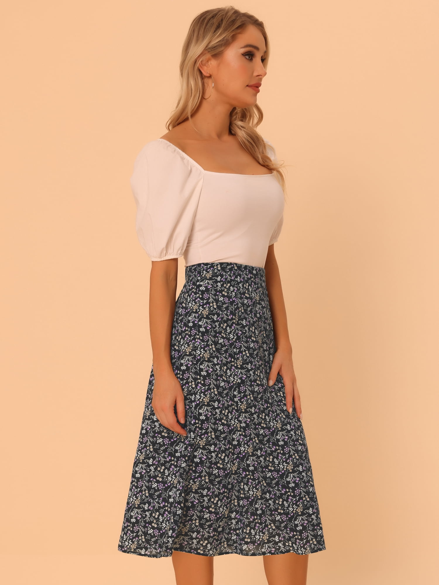 DARING DIVA Women's Elastic Waist A-Line Floral Print Midi Skirt L Black Purple