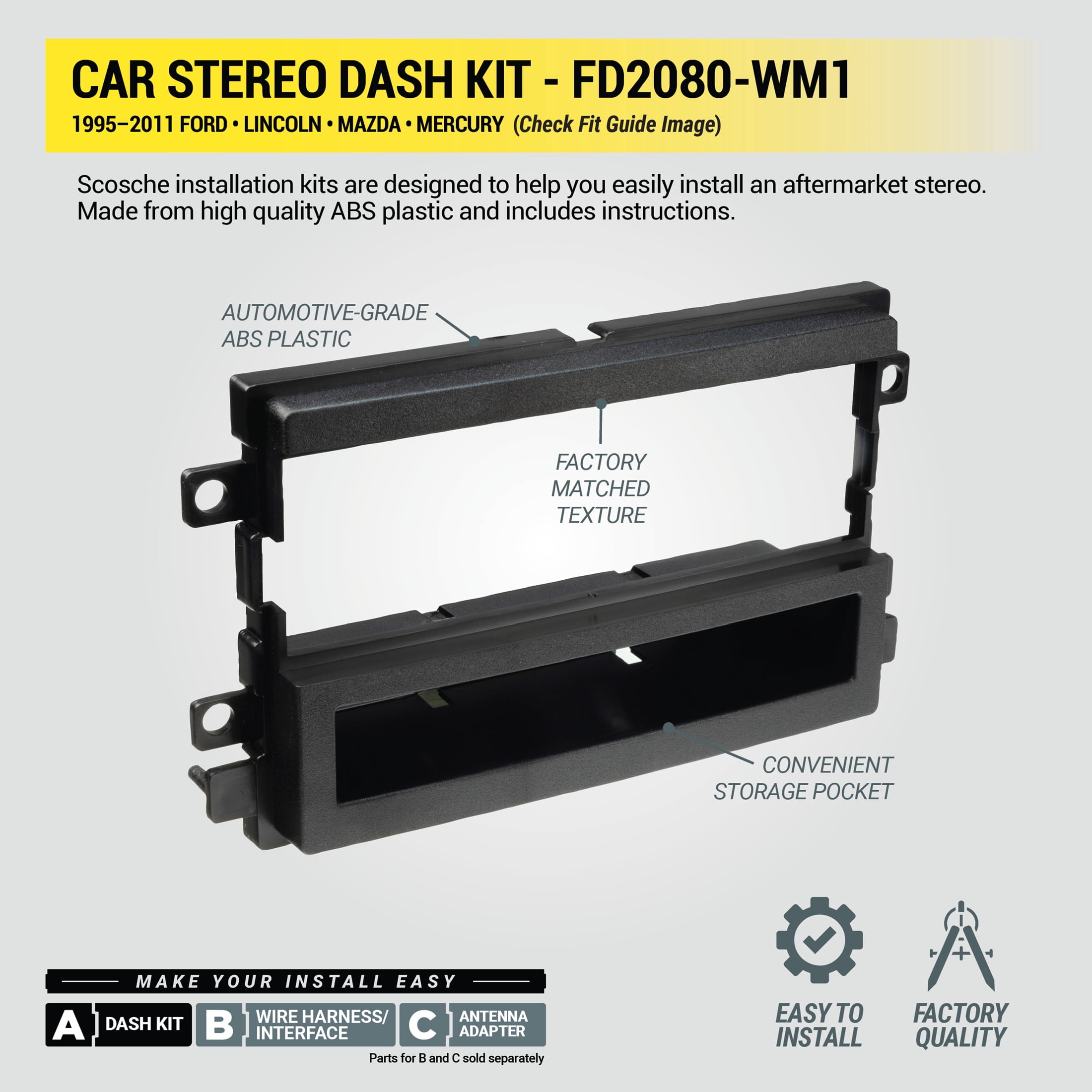 Scosche Single DIN Dash Kit & Pocket Compatible w/ '95-11 Ford/Lincoln/Mazda/Mercury FD2080-WM1