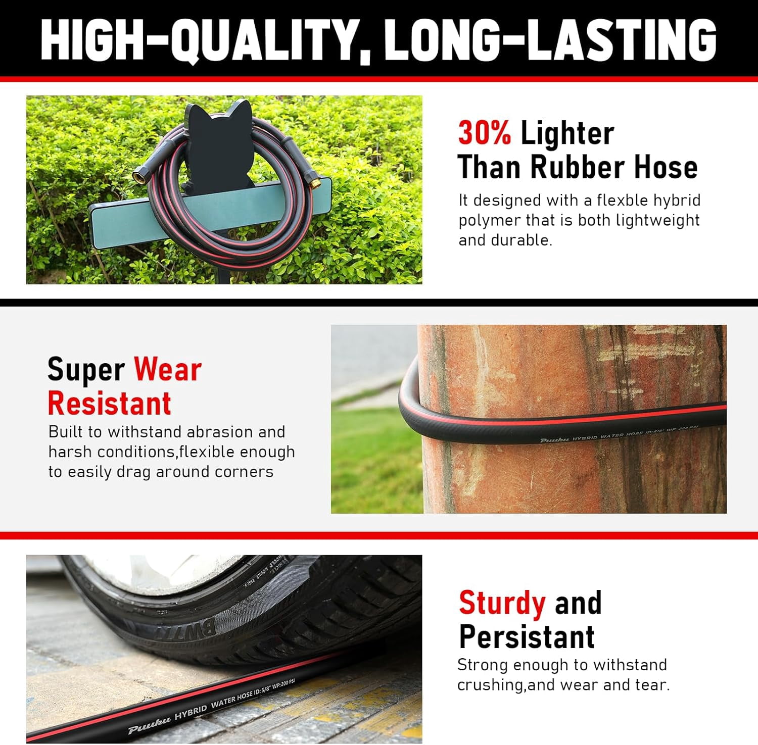 25ft Non-Expandable Heavy Duty Garden Hose, Kink Resistant, Leakproof, Lightweight Hybrid with Male to Female Fittings for Home & Yard