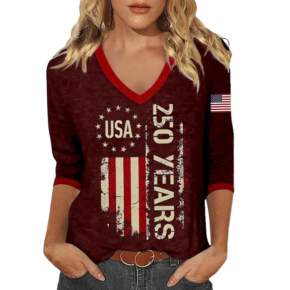 4th of July T-Shirts for Women's 250th Anniversary Patriotic Graphic Print Raglan Sleeve T Shirt For Fourth Of July Celebration And National Wine M
