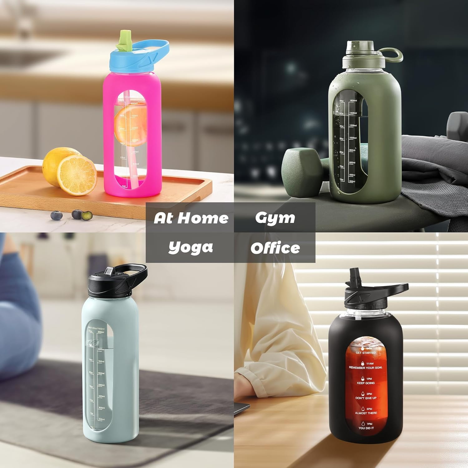 64 oz Glass Water Bottle Jug with Straw and Handle, Half Gallon Sports Motivational Water Bottle with Time Marker, Wide Mouth Flask Canteen with Silicone Sleeve for Gym, Black