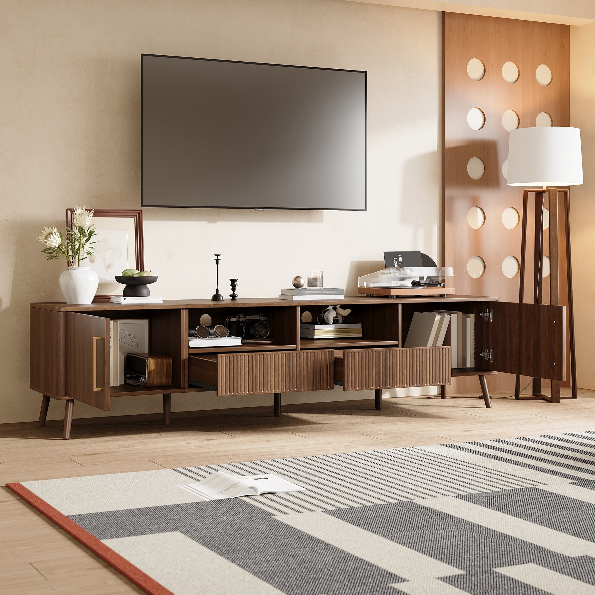 TV Stand for TVs up to 85 Inch, Entertainment Center with Fluted Drawers & 2 Cabinets, Media Console with Solid Wood Legs for Living Room
