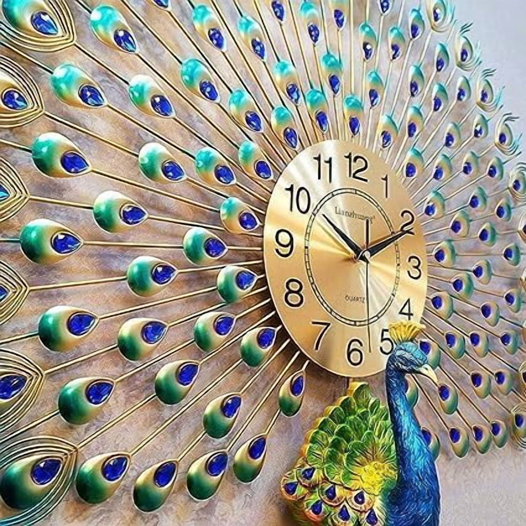 MONK FOREST European Peacock Wall Clock - Exquisite Crystal Luxury Home Decor with Metal Blue Bird - Ideal for Living Room - Creative Artistic Timepiece