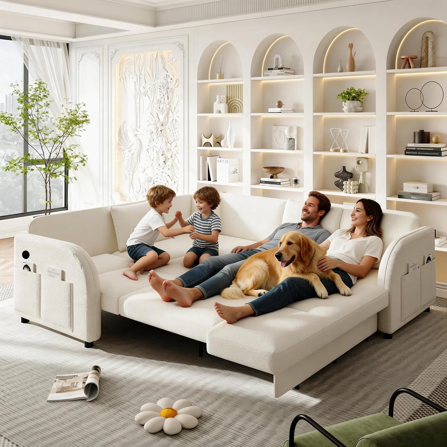 Howcool 85.1" L-Shaped Sectional Sleeper Sofa, 5-Seat Pull Out Couch Bed with USB Ports & Side Pockets, Teddy Fabric Convertible Sofa for Living Room, Beige White