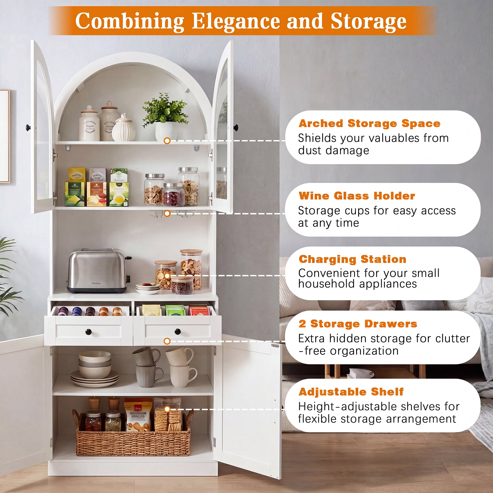 Leumius 75" Farmhouse Tall Arched Pantry Cabinet with Charging Station, Adjustable Shelves, Coffee Bar with Open Countertop for Kitchen, Dining Room, Living Room, White