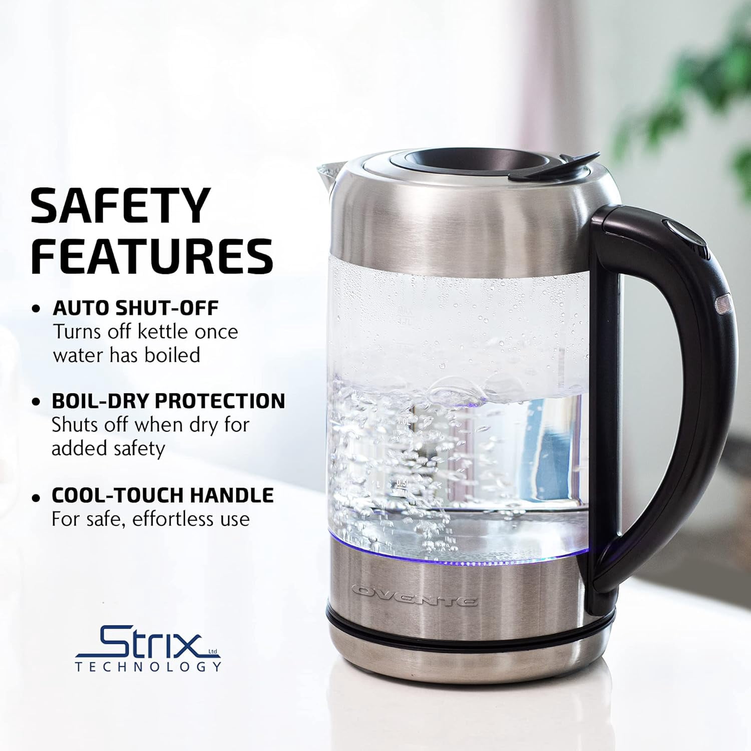 OVENTE Electric Kettle with 1.7L Borosilicate Glass, 1500W Instant Water Boiler and Heater for Coffee or Tea, BPA Free, Easy to Fill Lid, Auto Shut-Off and Boil Dry Protection, Silver KG612S