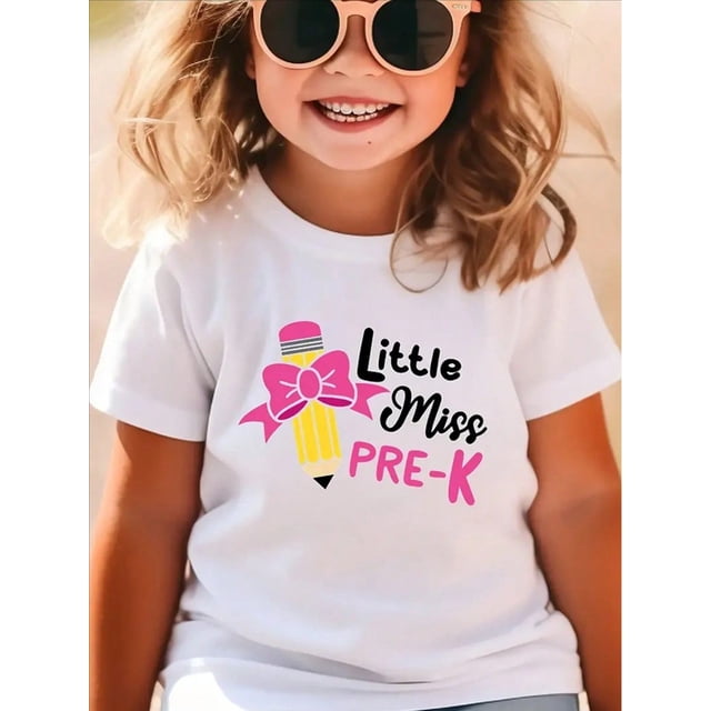Adorable Little Miss PRE-K con estampado de lápiz y lazo, 100 % algodón, cuello redondo, manga corta para niña, transpirable y cómoda, exclusiva para niños, atractiva para jugar al aire libre en prim