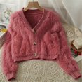 thumbnail image 4 of Chic Imitation Mink Short Cardigan Soft Breathable Knit Sweater Long Sleeve V-neck Outwear Solid Color Short Coat off white, 4 of 4