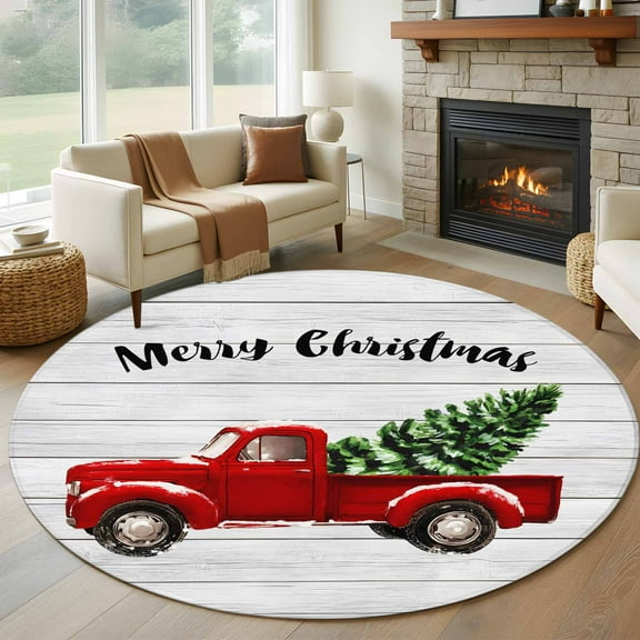 Red Truck Christmas Round Rug 5ft Washable Circle Kitchen Rugs Non Slip Xmas Tree Snowflake Grey Wooden Large Area Rug Indoor Floor Carpet for Bedroom Living Room Home Office Dining Room Nursery
