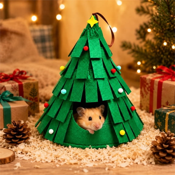 Christmas Tree Hamster Hideout, Festive Felt Small Animal Bed with Hanging Strap, Cozy Winter Shelter for Syrian Hamsters, Hedgehogs, and Gerbils