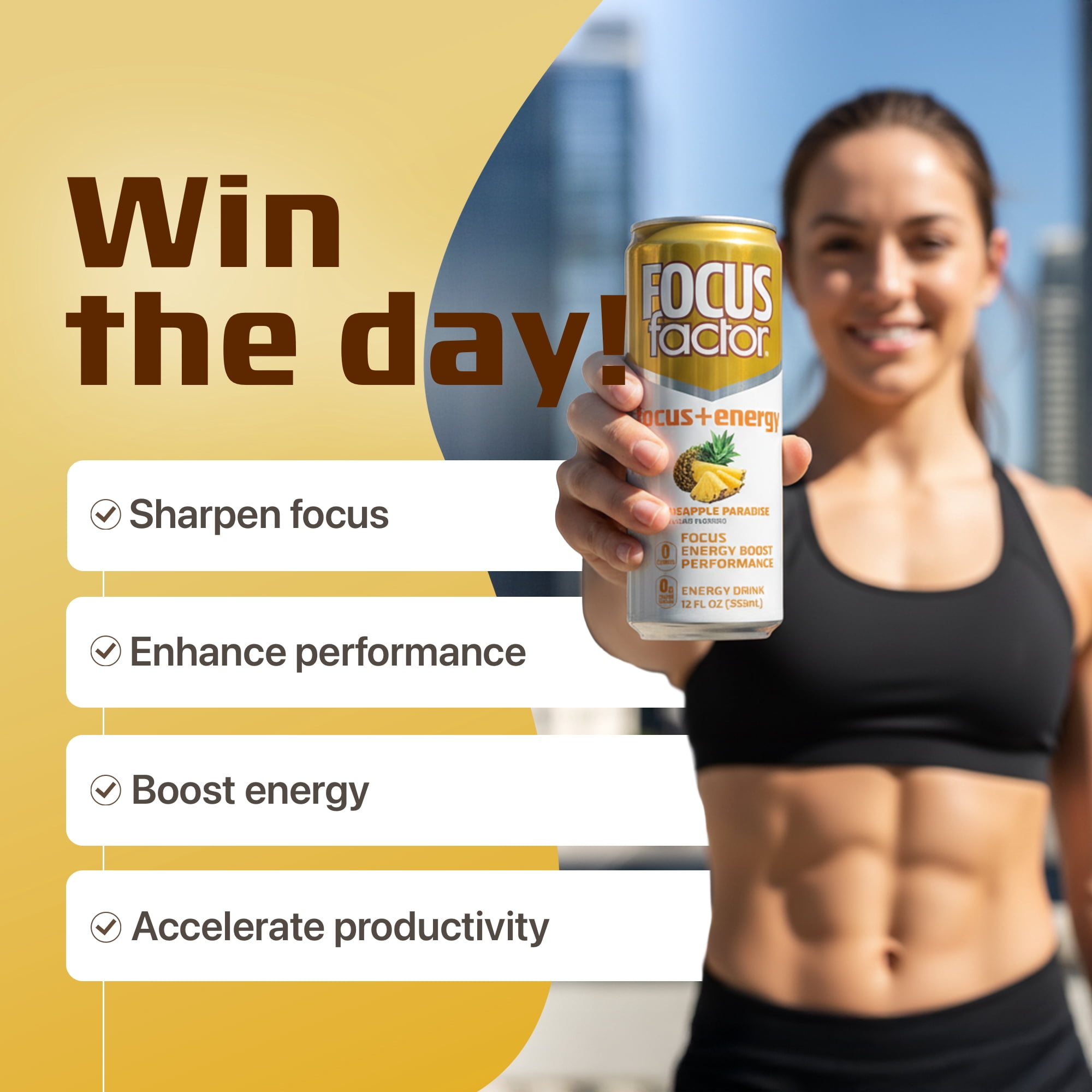 Focus Factor Energy Drink - 12 x 355ml Cans (Pineapple Paradise Flavor) - with Focus + Energy - Sugar Free, Low Calorie with Vitamin B6 & Vitamin B12