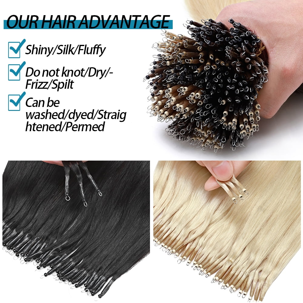 SEGO Nano Ring Beads Tip Hair Extensions 100% Human Hair Nano Ring Remy Hair Extensions Real Human Hair Cold Fusion Nano Hair Extensions Any Color Nano Loop Extensions 50G-150G Thick Full Head