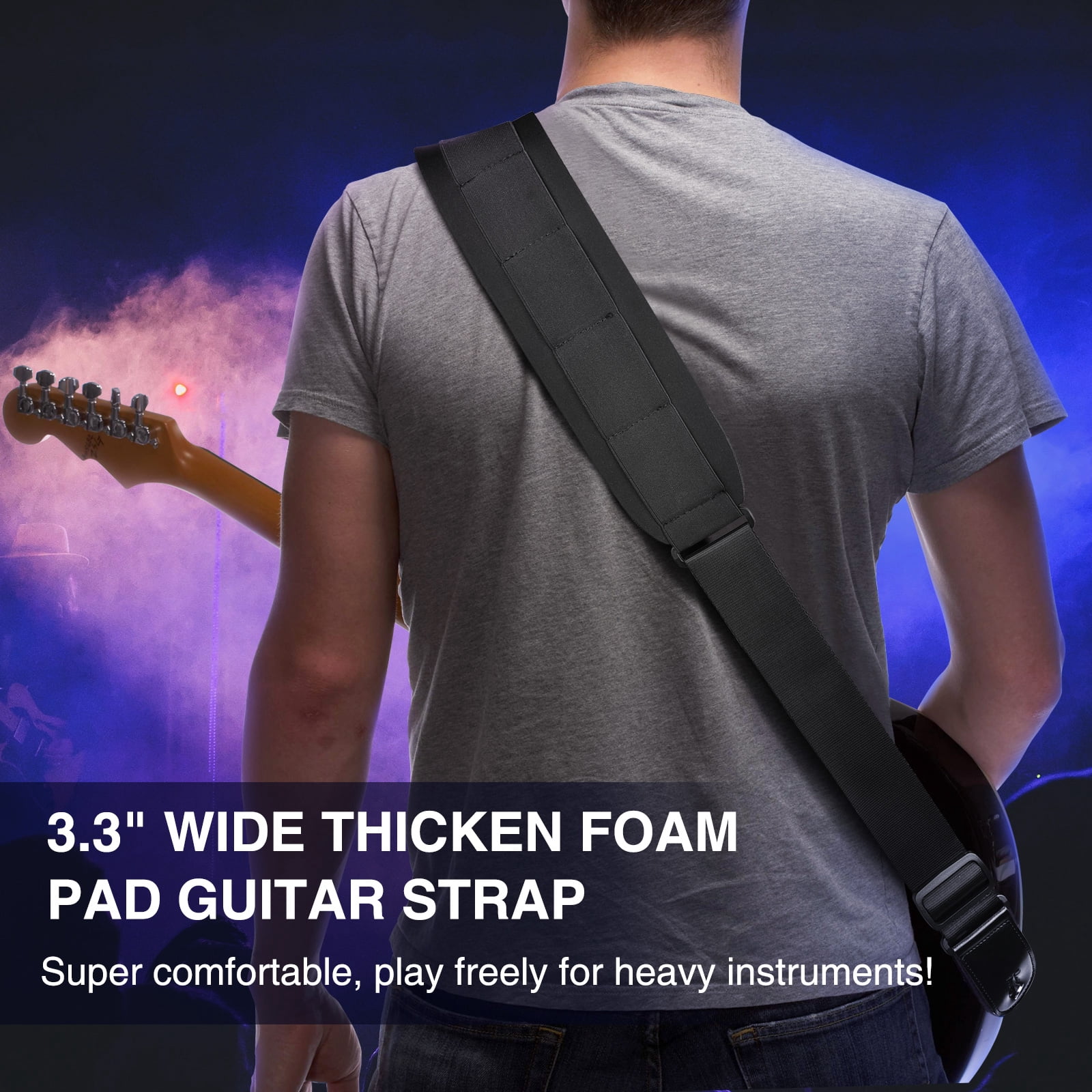 LEKATO Guitar Strap Bass Straps for Electric Guitar with 3.3" Wide Sponge Pad for Effective Decompression Padded Bass Guitar Straps Adjustable Length from 42" to 58" with 2 Safety Locks & 6 Picks
