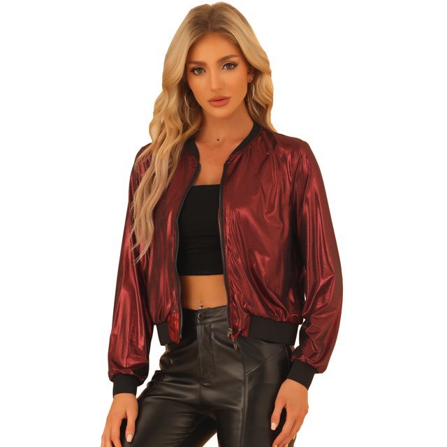 Disfraz de navidad PaMujer, Brillante, Holográfico, Brillante, Metálico, Ligero, Brillante, ChaqueDe Bombardero Rojo S