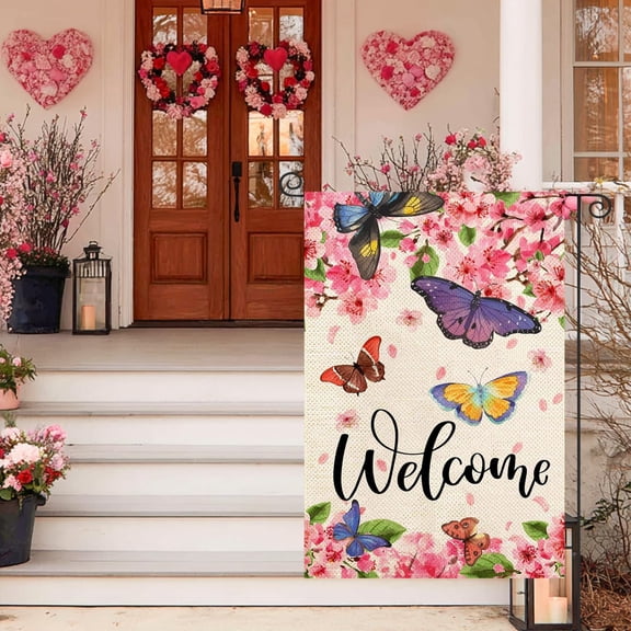Taotanxi Spring Summer Garden Flag, Flower Tree Swing Butterflies Floral Small Yard Flag Double Sided Burlap Welcome Flag for Outside Outdoor Decor 12.5 x 18 Inch