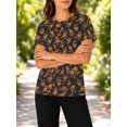 thumbnail image 5 of Women's Short Sleeve Orange Florals on Black Shirts Casual Crew Neck All-Over Pattern Summer Tops, 5 of 6