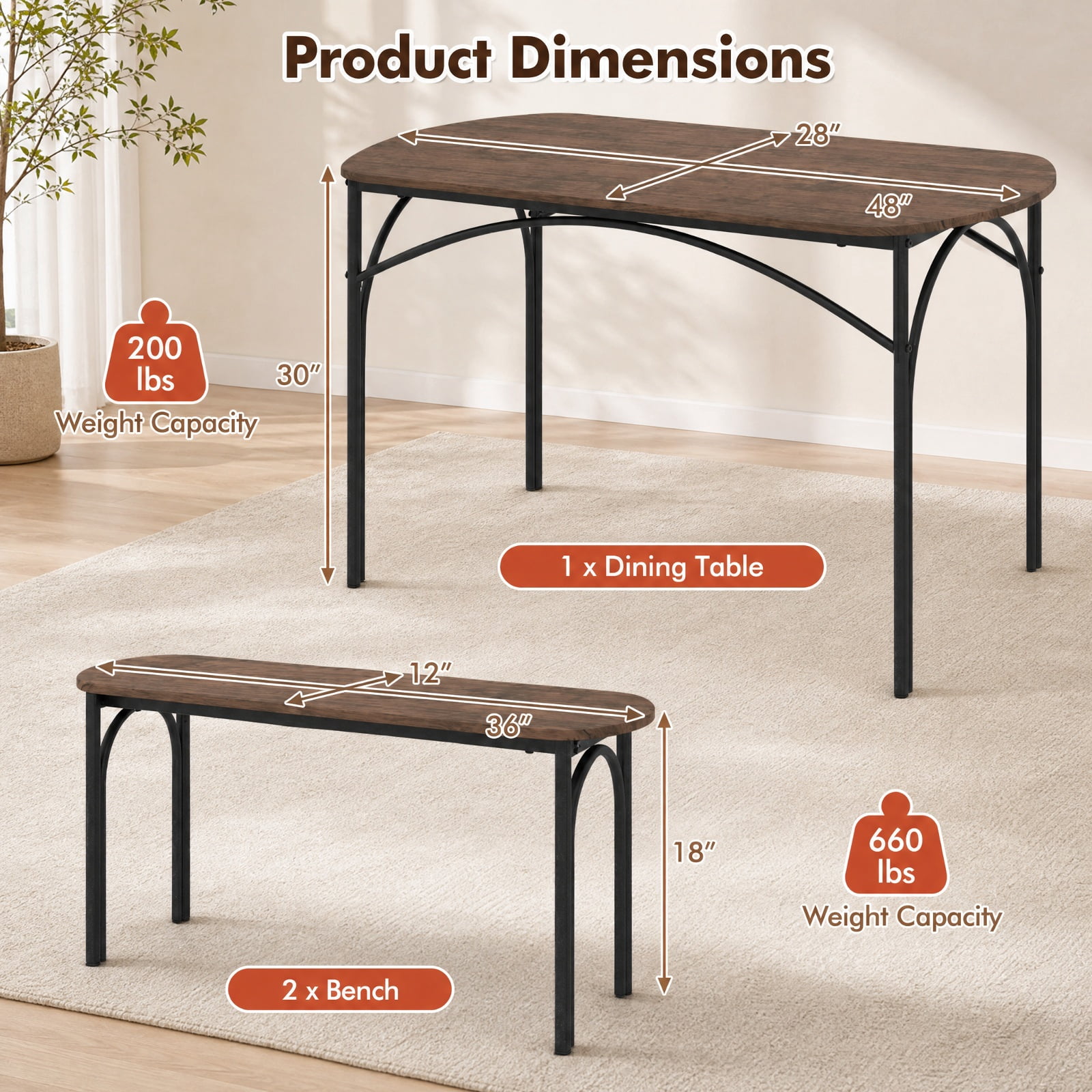 Furnibear 3 Piece Rectangular Dining Table Set for 4 with 2 Benches and Powder Coated Metal Frame for Kitchen and Apartment, Brown