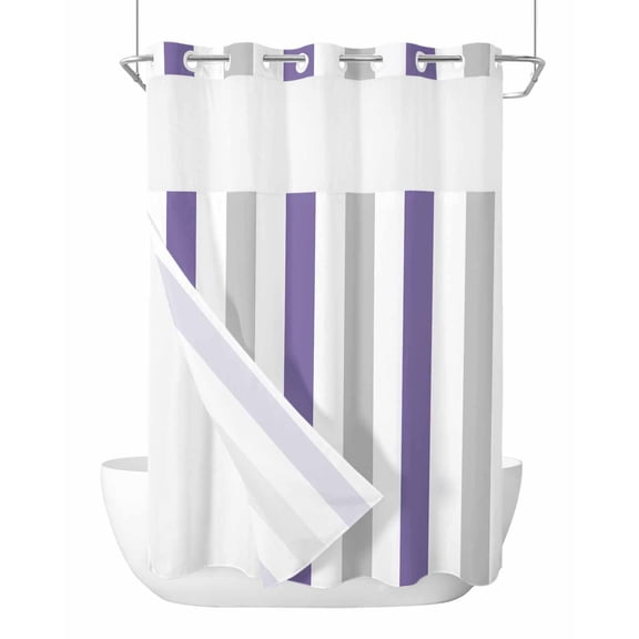 No Hook Shower Curtains with Snap-in Liner Set, Purple Grey Striped Waterproof Hotel Style Bathroom Shower Curtain, Minimalist Farmhouse Stripe Breathable Mesh Top Window Bath Curtains 48''x72''