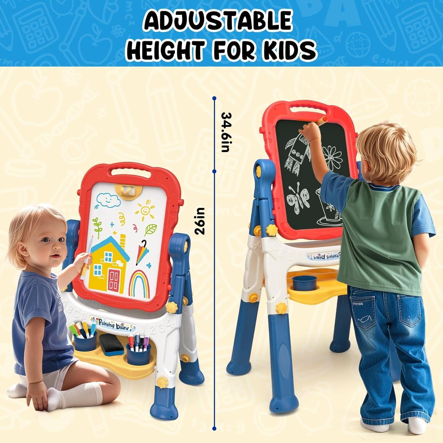 AuntyFey Art Easel for Kids, Adjustable Double-Sided with Chalk Board & Magnetic Whiteboard for Toddlers, Blue & Red