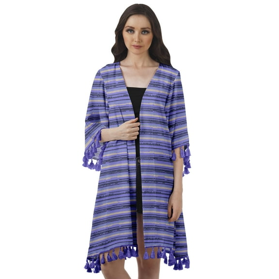 Moomaya Womens Cover Ups For Swimwear Georgette Printed 3/4 Sleeve Fringes Shrug