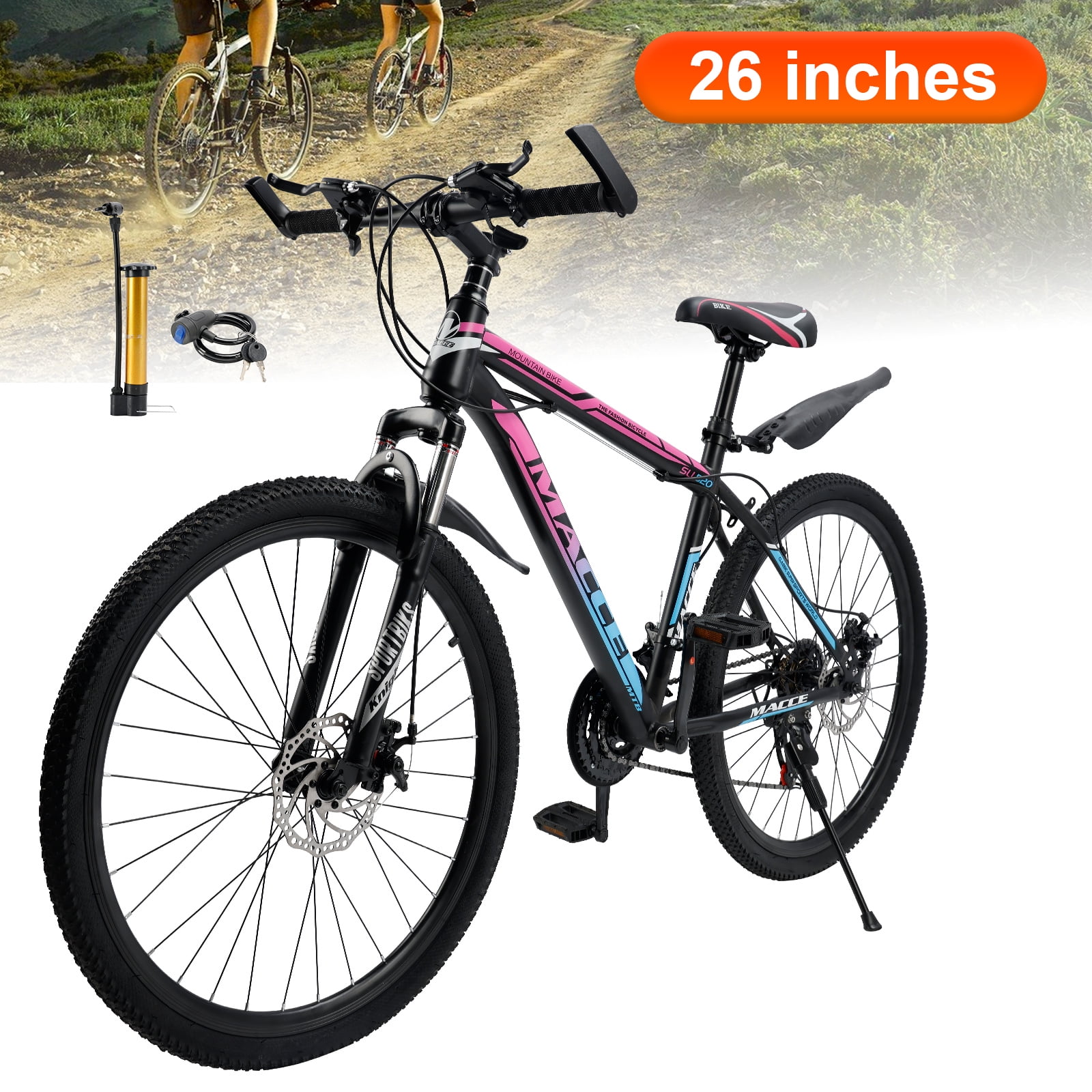 26" Spoke Wheel 24 Speed Mountain Bicycle Adult Bike MTB w/ fender Blue & Pink