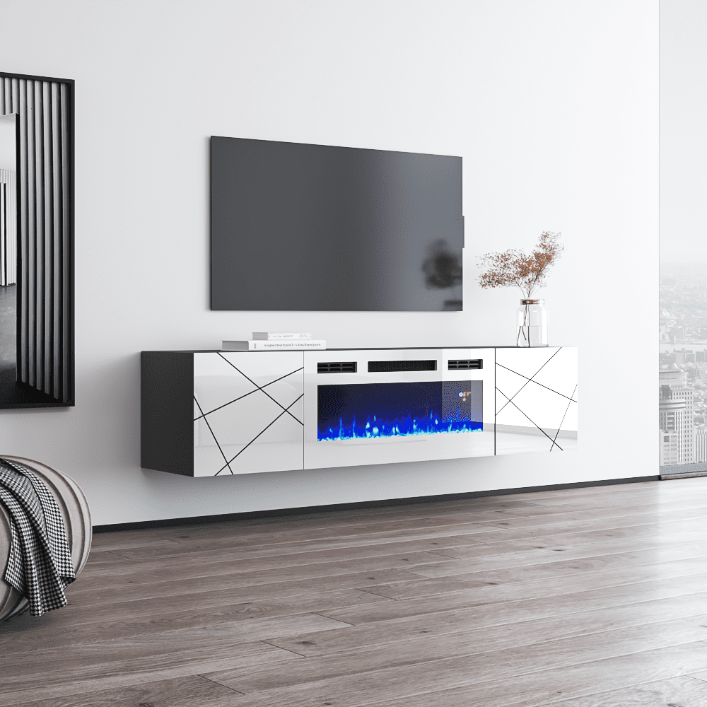 London WH-EF Fireplace TV Stand for TVs up to 70", Modern High Gloss 63" Entertainment Center, Electric Fireplace TV Media Console with Storage Cabinets