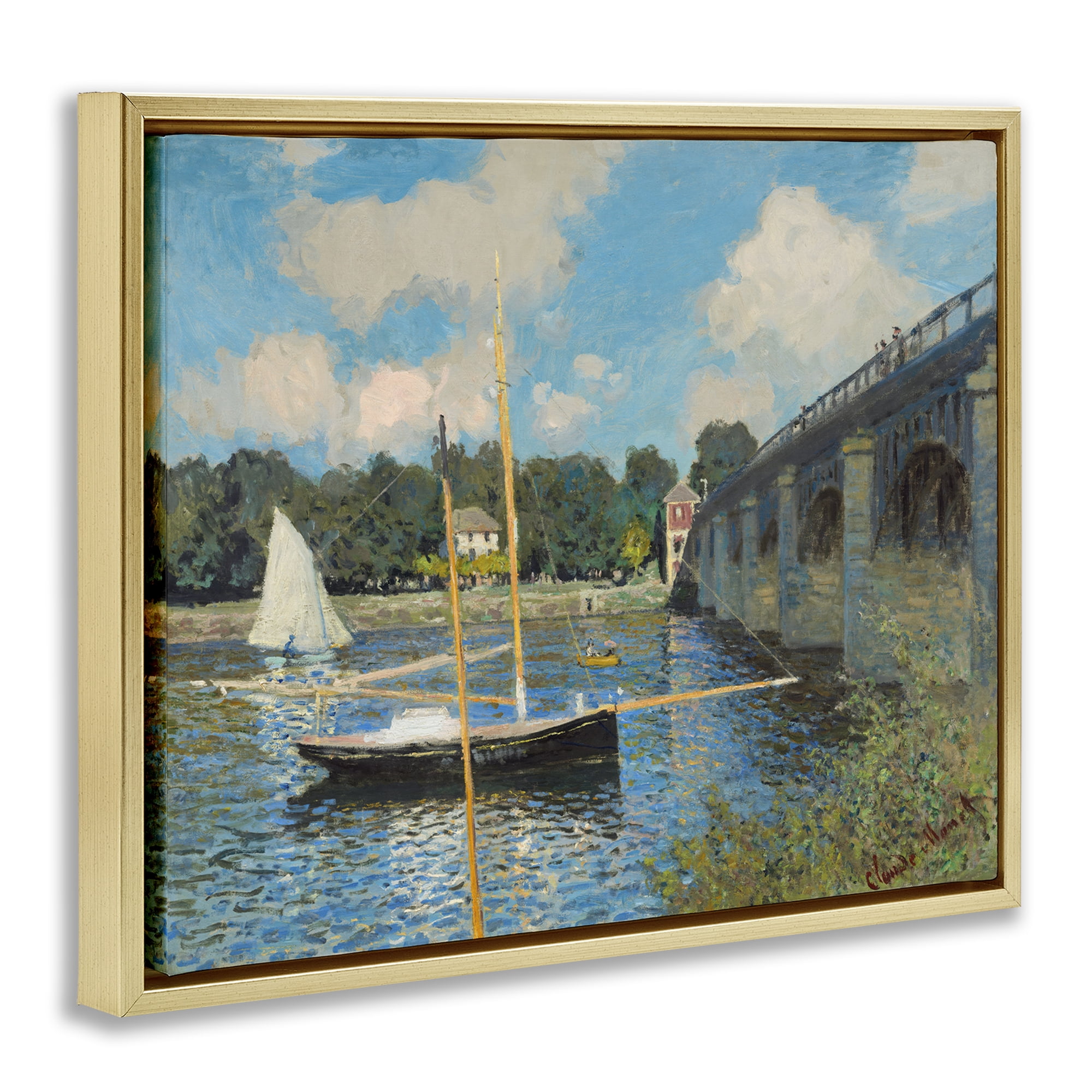 Stupell Industries Classic River with Boats Sailing Landscape & Nature Painting Gold Floater Framed Canvas Art Print Wall Art, 21 x 17
