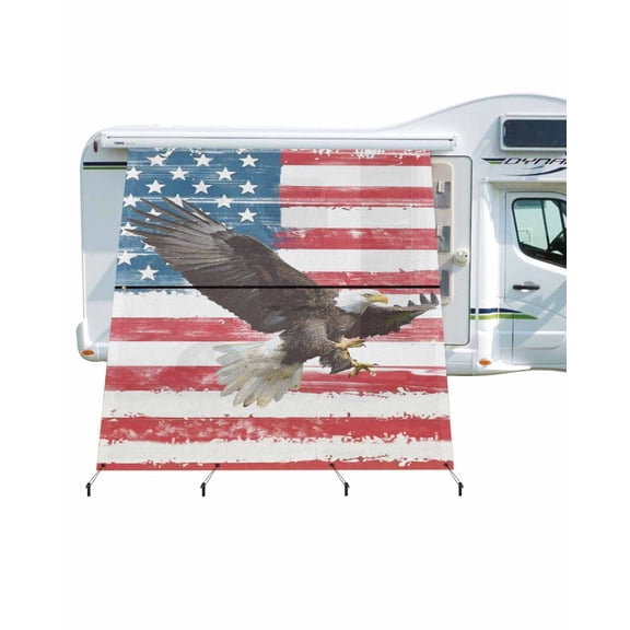 4th of July RV Awning Sun Shade Screen 9'X7' American Flag Mesh Sunscreen Freedom Eagle Red White and Blue Awning Shade Screen with Zipper UV Blocker Completed Kits for RV Motorhome Camper