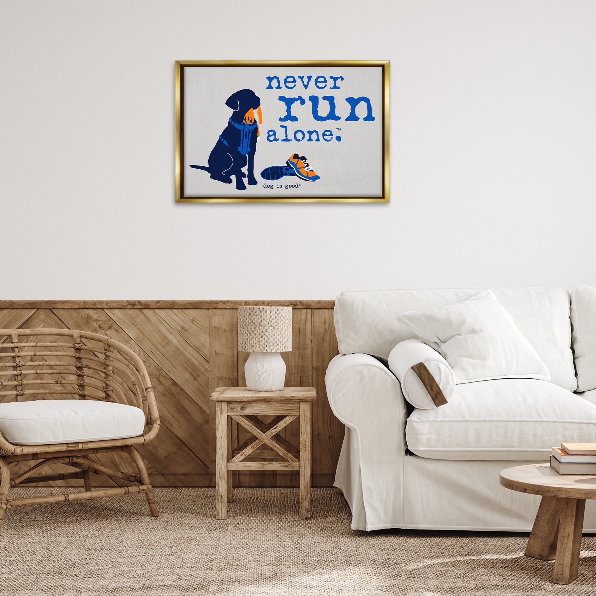 Stupell Industries Never Run Alone Dog Animals Painting Gold Floater Framed Canvas Art Print Wall Art, 31 x 21