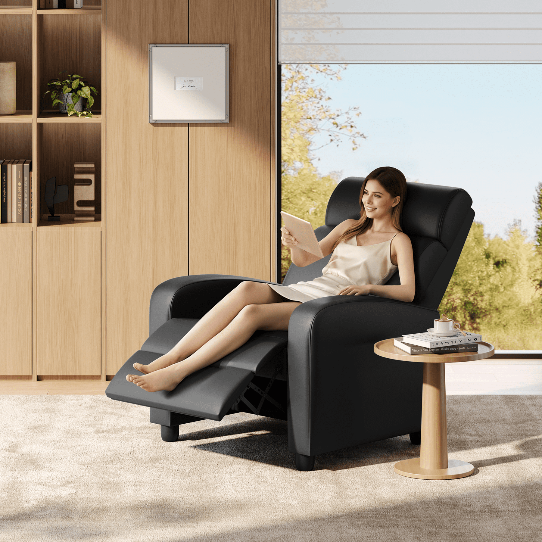 Yaheetech Adjustable PU Leather Recliner Chair with Pocket Spring, Black