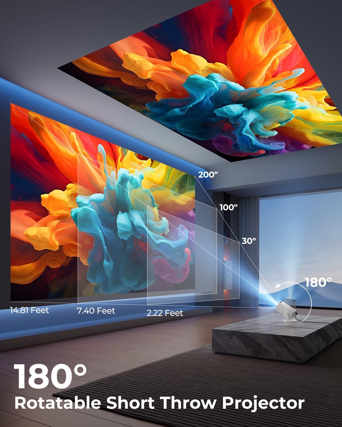 Projector with WiFi  Built-in Apps 180 Rotation Auto  1080P  USB TV Stick Smartphone Laptop Compatible