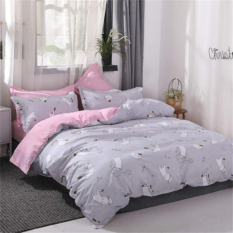 Girls Gray Pink Duvet Cover Queen Size Cute White Cats Premium Soft Reversible Kids Bedding Geometric Pattern on Pink