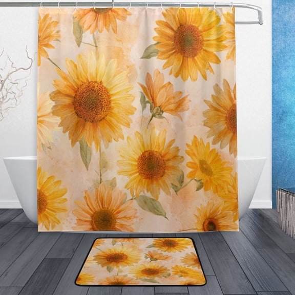 TTYFWHD 60" x 72" Shower Curtain and Bath Mat Set Pastel-toned Sunflowers Pattern Waterproof Bathroom Curtain with 12 Hooks, Bathroom Decor Set