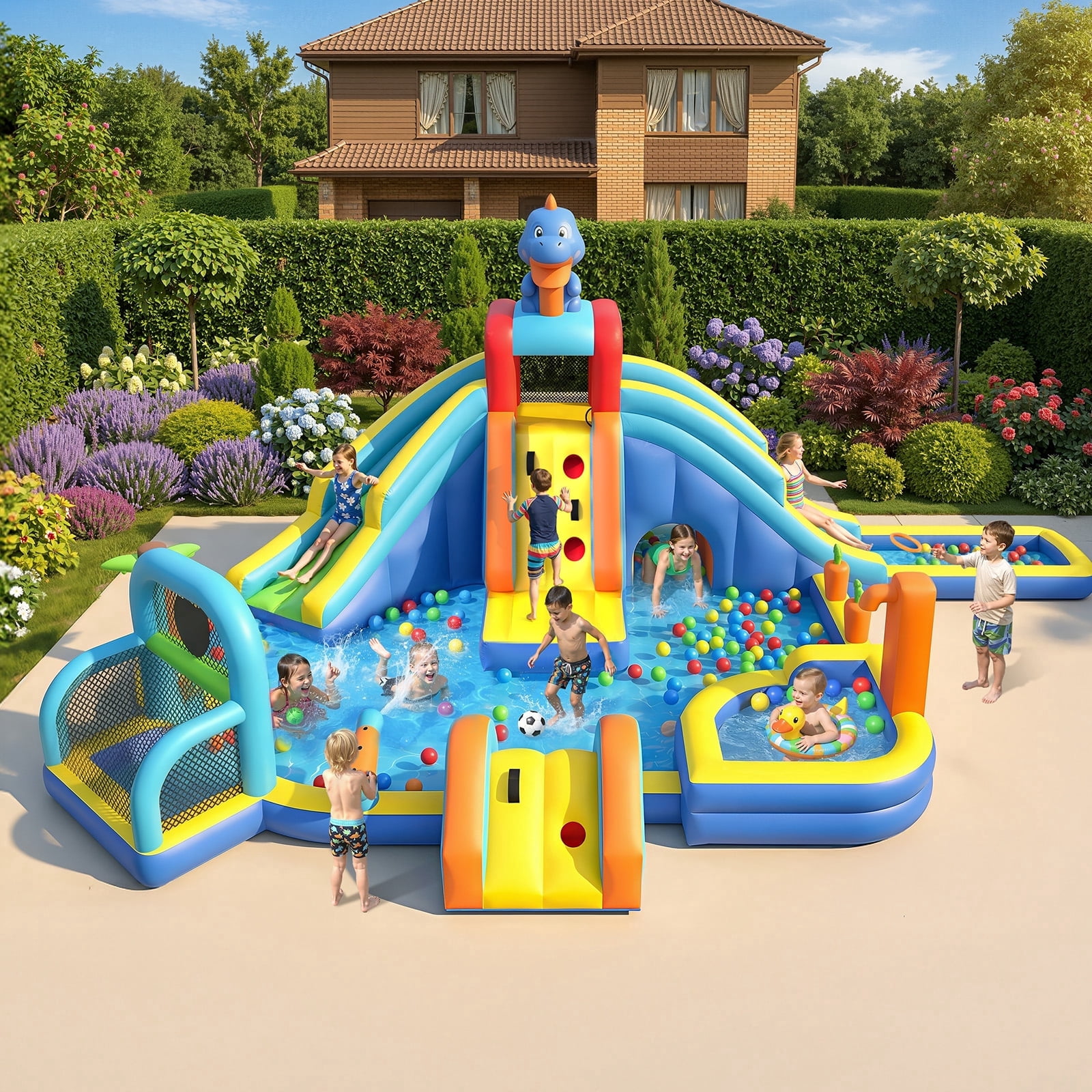 TULILLO 10 in 1 Inflatable Water Slide Kids Bounce House with Splash Pool & Water Gun & Basketball & Climbing Wall & Dual Pools & Soccer,750W Air Blower