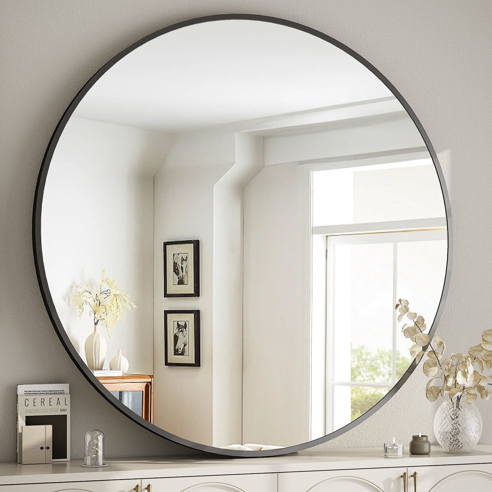 Lumora 42" Round Bathroom Mirror Wall Mirror Metal Frame Circle Mirror, Black
