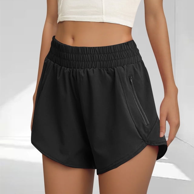 Women's Athletic Shorts High Waisted Drawstring Running Gym Shorts with Zipper Pockets Black M