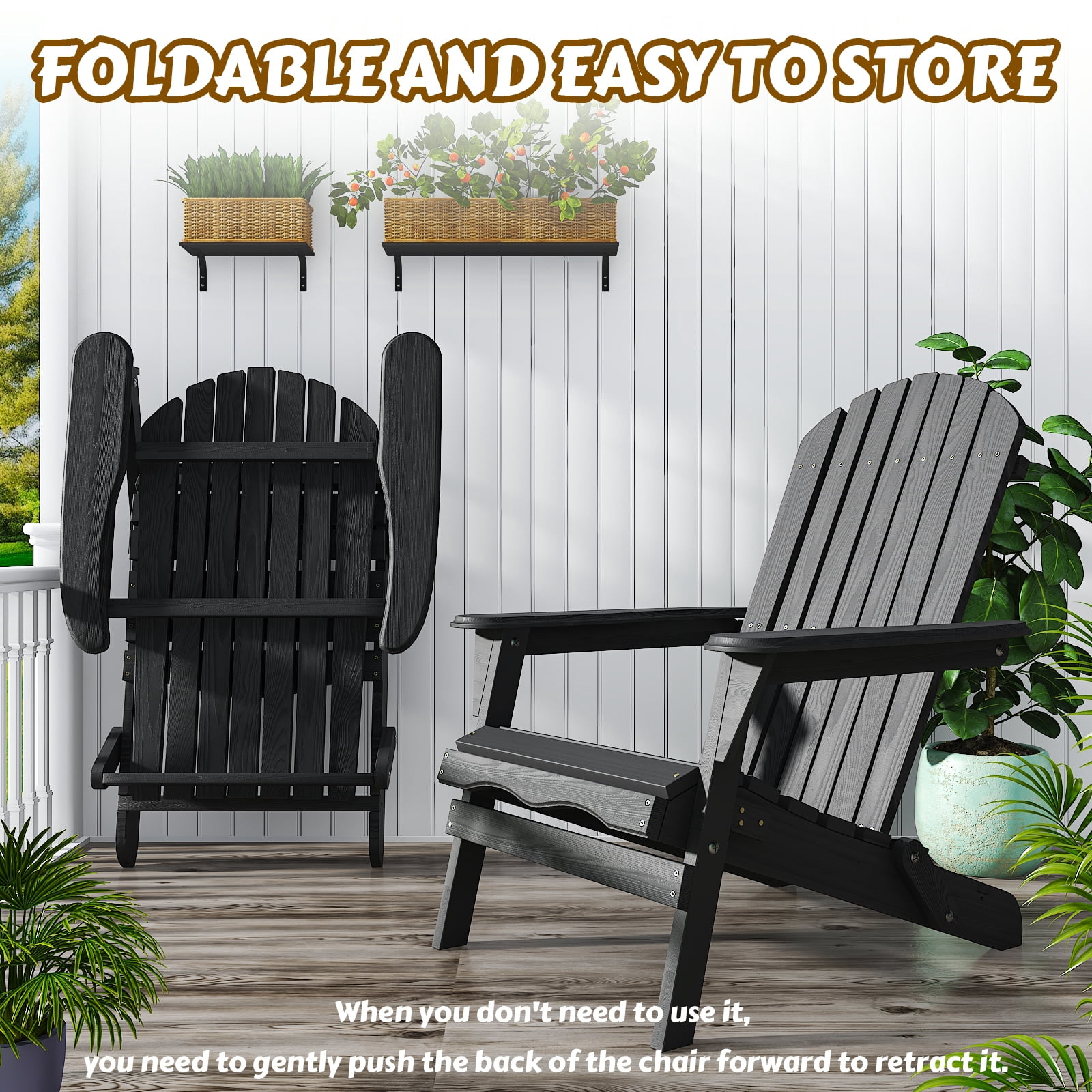 Ktaxon 1 Pack Patio Wood Adirondack Chair, Garden Chaise Chair Outdoor Folding Chair, Wooden Chair for Patio, Garden, Black